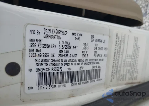 2001 Dodge Grand Caravan Sport z USA, uszkodzony, nr VIN 2B4GP44351R255978